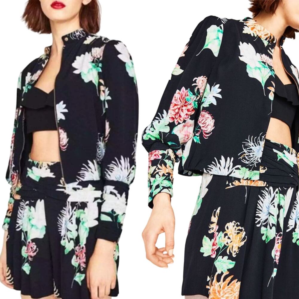 Zara Floral Bomber Jacket Cropped Moto Long Sleeve Fitted Cuffs Black Womens XS